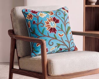 Turquoise Velvet Embroidered Cushion Cover Luxury Boho Throw Pillow Case Elegant 40x40cm Elegant Home Decor Traditional Couch Accent