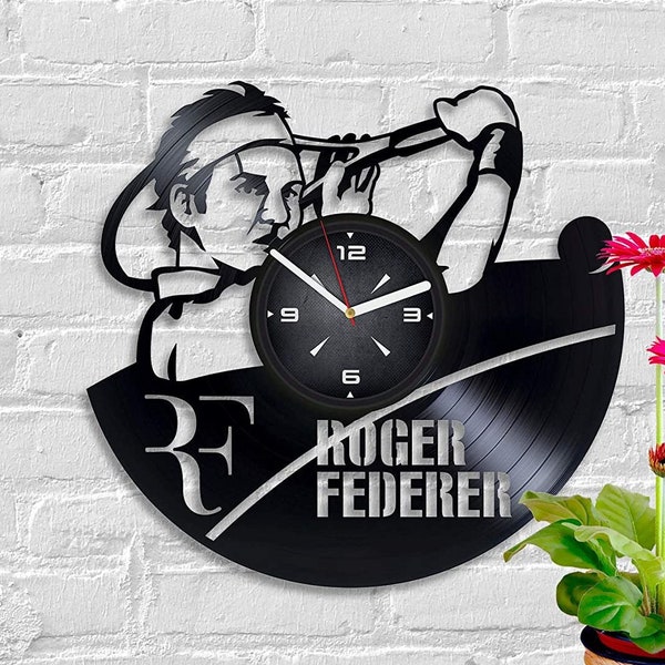 Roger Federer Art disque vinyle noir horloge murale tennis art mural sport déco pour homme chambre tennis coach cadeau pendaison de crémaillère cadeau pour frère