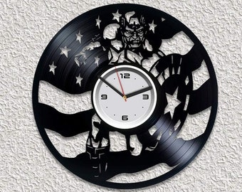 Captain America vinylskiva rund väggklocka Captain America väggkonst superhjälte dekor rum Marvels konstverk inflyttningspresent till mannen