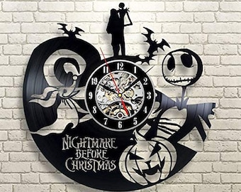 Horloge murale disque vinyle L'Étrange Noël de l'horreur, décoration murale Jack Skellington et Sally, cadeau d'art mural effrayant pour anniversaire