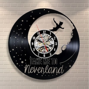 Peter Pan Take Me To Neverland Vinyl Record Black Clock Nursery Boy Wall Decor Disneyworld Art Birthday Gift Idea for Brother
