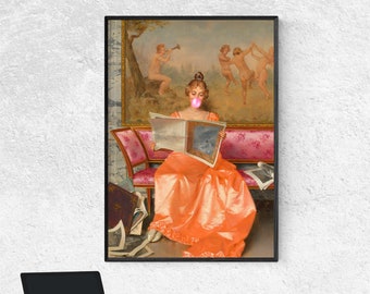 Funny art/Reading lady with pink bubblegum/rococo art/vintage wall art/bubble gum art/vintage art/feminine wall art/altered art/download