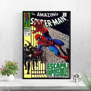 Può includere: Copertina di fumetto vintage incorniciata con Spider-Man in posa dinamica. Il titolo "The Amazing Spider-Man" è ben visibile. L'artwork include il testo "ESCAPE IMPOSSIBLE!" e il logo Marvel Comics Group.