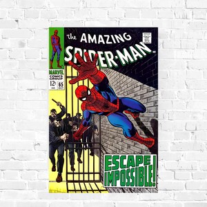 Op de afbeelding: Stripboekcover met Spider-Man in een rood en blauw pak, die zijn hand uitstrekt. De titel "The Amazing Spider-Man" staat boven hem. De cover bevat de tekst "Escape Impossible!" en het Marvel Comics Group-logo.