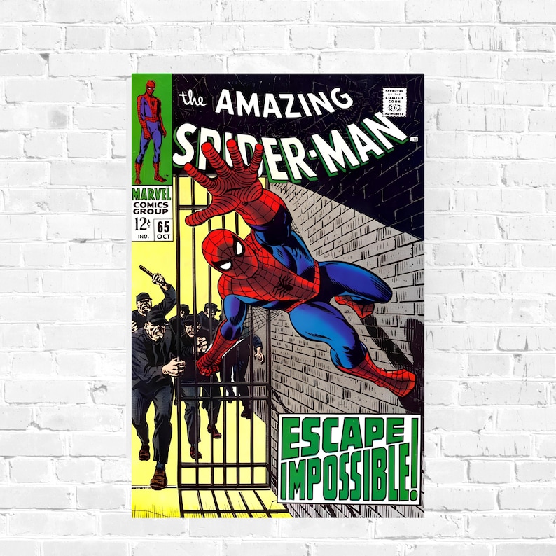Op de afbeelding: Stripboekcover met Spider-Man in een rood en blauw pak, die zijn hand uitstrekt. De titel "The Amazing Spider-Man" staat boven hem. De cover bevat de tekst "Escape Impossible!" en het Marvel Comics Group-logo.
