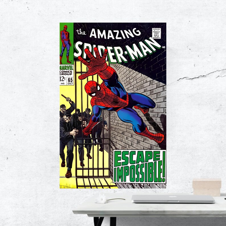 Op de afbeelding: Stripboekcover met Spider-Man in actie, getiteld "The Amazing Spider-Man." De illustratie bevat de tekst "Escape Impossible!" en het Marvel Comics Group-logo. De kleuren zijn levendig, met rood, blauw en geel.