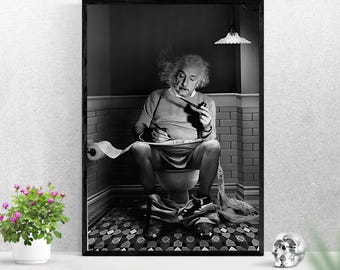 Albert Einstein Physicist on Toilet Print/black and white Funny Bathroom Wall Art Photography/black and white poster,bathroom poster black