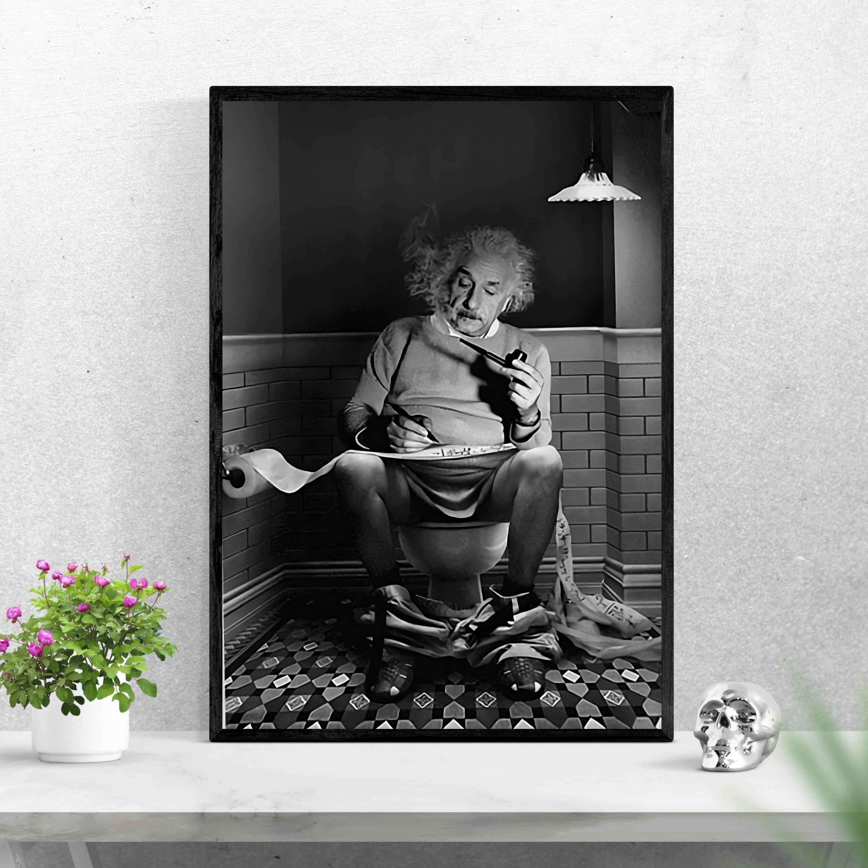 Albert Einstein Physicist on Toilet Print/black and White Funny