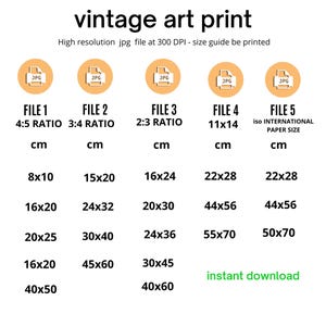 K&ouml;nnte beinhalten: Eine Tabelle mit verschiedenen Dateigr&ouml;&szlig;en f&uuml;r digitale Kunstdrucke in Zoll und Zentimetern. Die Tabelle enth&auml;lt f&uuml;nf verschiedene Dateigr&ouml;&szlig;en, jede mit einem anderen Seitenverh&auml;ltnis. Die Dateigr&ouml;&szlig;en sind 8x10, 16x20, 20x25, 16x20 und 40x50 Zoll. Die Tabelle enth&auml;lt auch die entsprechenden Zentimeterma&szlig;e f&uuml;r jede Dateigr&ouml;&szlig;e. Die Tabelle ist mit "Vintage-Kunstdruck" und "Hochaufl&ouml;sendes jpg-Datei mit 300 DPI - Gr&ouml;&szlig;enrichtlinie zum Drucken" beschriftet.