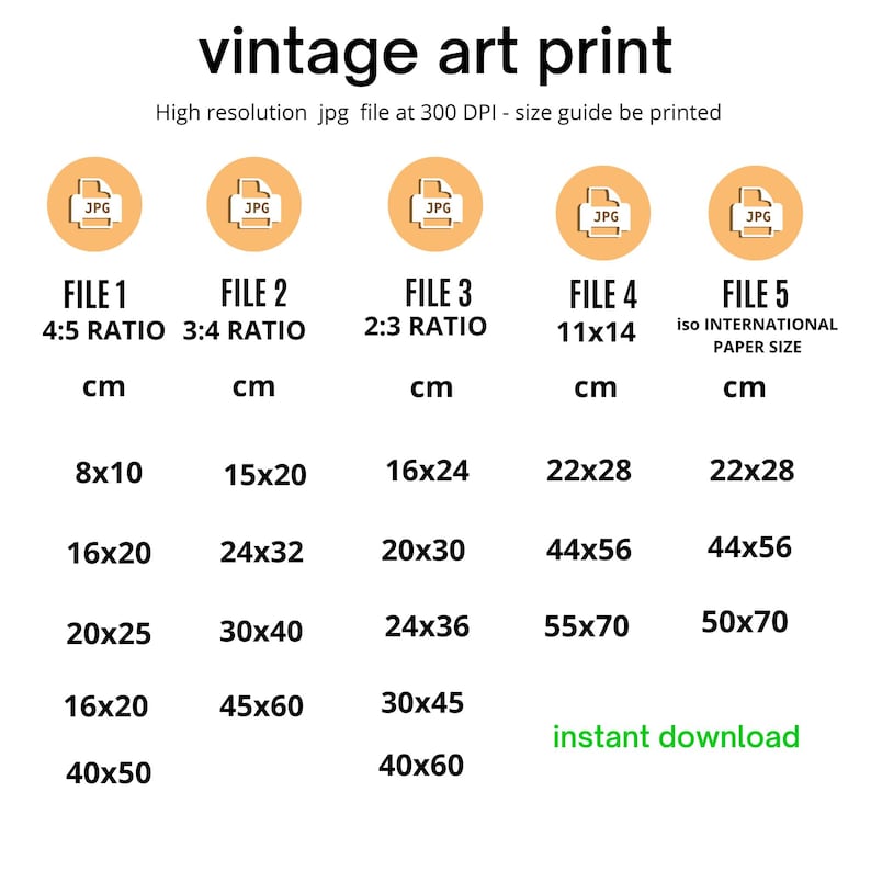 K&ouml;nnte beinhalten: Eine Tabelle mit verschiedenen Dateigr&ouml;&szlig;en f&uuml;r digitale Kunstdrucke in Zoll und Zentimetern. Die Tabelle enth&auml;lt f&uuml;nf verschiedene Dateigr&ouml;&szlig;en, jede mit einem anderen Seitenverh&auml;ltnis. Die Dateigr&ouml;&szlig;en sind 8x10, 16x20, 20x25, 16x20 und 40x50 Zoll. Die Tabelle enth&auml;lt auch die entsprechenden Zentimeterma&szlig;e f&uuml;r jede Dateigr&ouml;&szlig;e. Die Tabelle ist mit "Vintage-Kunstdruck" und "Hochaufl&ouml;sendes jpg-Datei mit 300 DPI - Gr&ouml;&szlig;enrichtlinie zum Drucken" beschriftet.