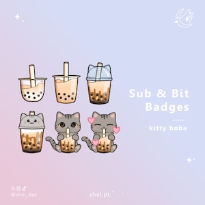 Grey Kitty Boba Sub & Bits Twitch Badges / Cute Cat / Boba Tea / Stream / Discord / Youtube / Loyalty Badges