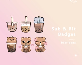 May include: Three brown cartoon bears holding brown boba tea with tapioca pearls. The bears have different expressions. The text "Sub & Bit Badges" and "bear boba" is below the bears.