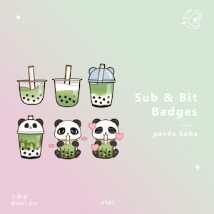 May include: Five illustrations of panda bears drinking green boba tea. The top row shows three different stages of the boba tea, with the first being a plain cup, the second with a layer of cream, and the third with a lid. The bottom row shows three panda bears, each with a different expression, drinking boba tea. The text "Sub & Bit Badges" and "panda boba" is written below the illustrations.
