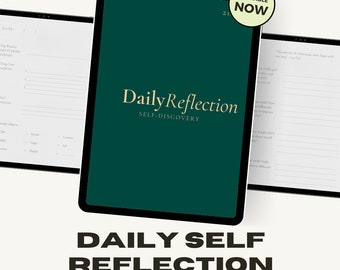 May include: A green digital planner with the text "Daily Reflection Self-Discovery" on the cover. The planner is open to a page with the text "AVAILABLE NOW" in a white circle with a black outline. The planner is on a white background.