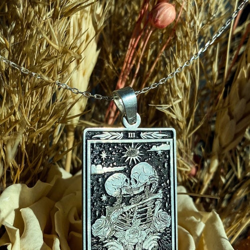 The Lovers Tarot Necklace, Sterling Silver Pendant, Skeleton Gothic Jewelry