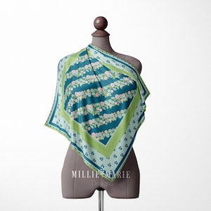 Mulberry Silk Scarf | Square Scarf | Flowers | Elegant scarf | Women gift |Silk Head Scarf | Neck Scarves | Silk Bandana|Vintage|Mint Green