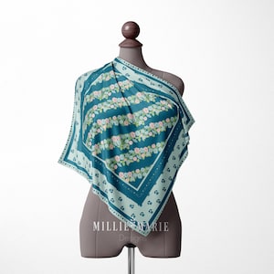 Floral Silk Square Scarf: Teal Blue Vintage Bandana