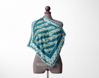 Floral Silk Square Scarf: Teal Blue Vintage Bandana