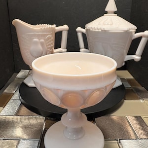 Vintage Jeannette  Baltimore Pear Pink Shell Milkglass cream and sugar with pudding Cup