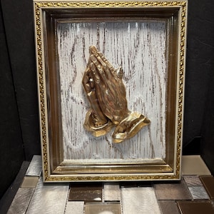 Vintage shadow box Praying Hands Metal Framed gold gilded  mcm look