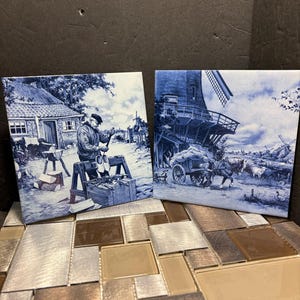 Vintage Paar Royal Mosa Blue Tile Art Pferdewagen Holz Schuhmacher 6 "x 6