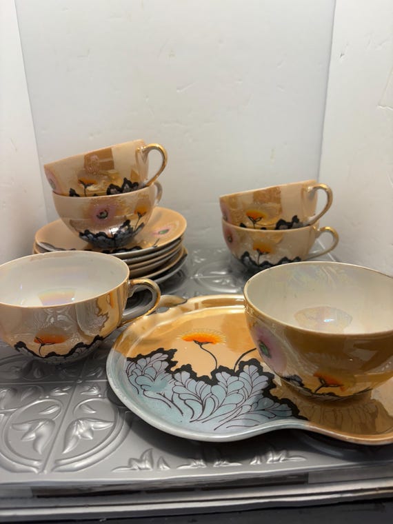Juego de té vintage de loza lustrosa japonesa, platos para