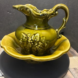 Vintage McCoy USA Pottery  set  6&quot; Pitcher with Wash Bowl Basin  Olive Green