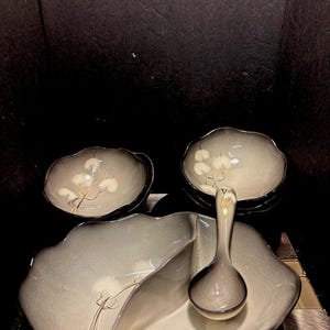 Vintage Sascha Brastoff  Ceramic Smoke Tree Black Divided Serving Dish with spoon and 6 serving bowls