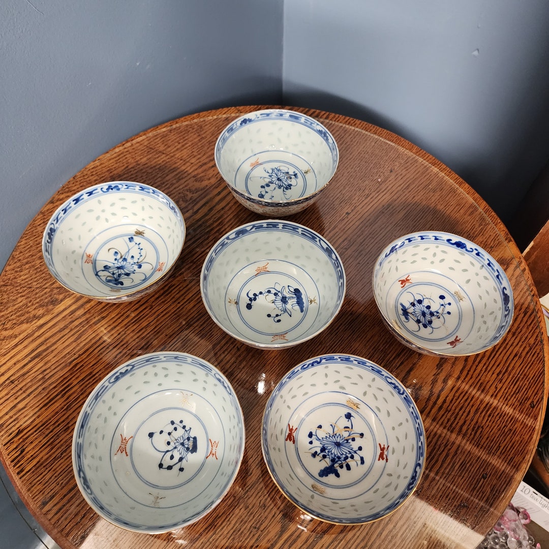 Antique Blue Dragon Rice Grain Porcelain Bowls 6 Etsy