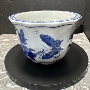May include: A white ceramic planter with a scalloped rim and a blue butterfly pattern. The bowl features a repeating design of blue butterflies and delicate floral vines painted on the exterior, with a blue patterned border along the top edge.