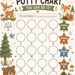 May include: A reward potty chart featuring a sun, rainbow, and woodland animals including a deer, fox, bear, and raccoon. The chart includes twenty numbered circles for stickers, four star-shaped reward spots, and the text REWARD POTTY CHART.