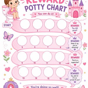 May include: A pink and purple reward potty chart featuring a cartoon child on a toilet, a castle, a carriage, butterflies, and flowers. The chart includes sixteen numbered circles for tracking progress and text that reads REWARD POTTY CHART.