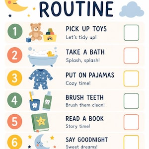 May include: A My Evening Routine checklist chart featuring six numbered steps with illustrations: picking up toys, taking a bath, putting on pajamas, brushing teeth, reading a book, and saying goodnight. Each step includes a checkbox for tracking progress.