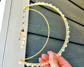 Gold Moon Suncatcher Gift For Women Friendship Gift For Friend Quartz Crystal Gemstone Sun Catcher Gold Sun Rainbow Prism