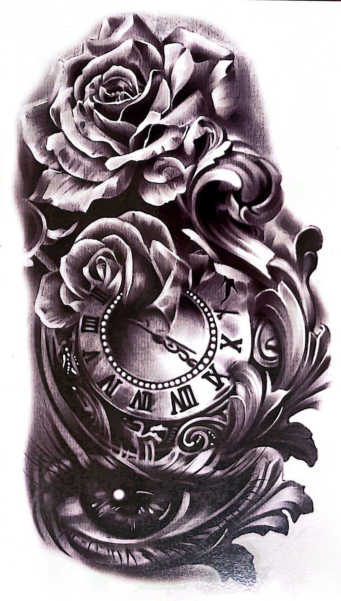 Time Clock and Roses Tattoo - Etsy Time Clock and Roses Tattoo - Etsy