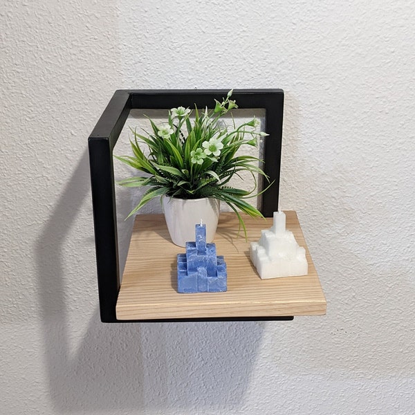 Small decorative industrial wall shelf, stepped cube-shaped design, hanging shelf made of wood and metal.