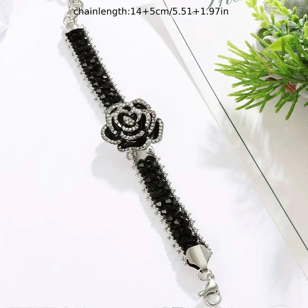 Pulsera de flores de cristal con cuentas negras de camelia regalo para mujeres con scrunchie gratis