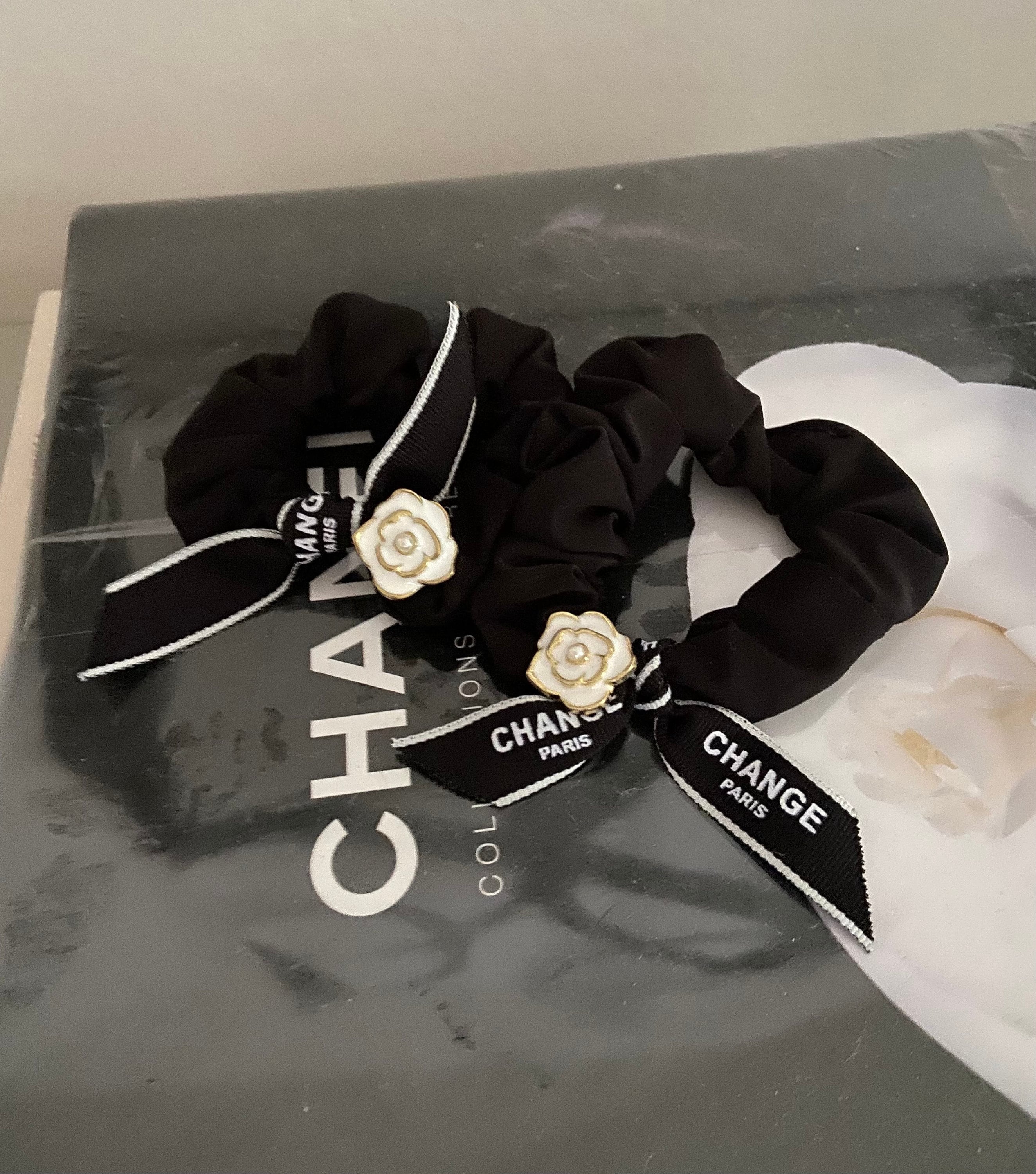 New CHANEL Hair Scrunchie Scrunchy with Pearl Black Camellia Ribbon Women