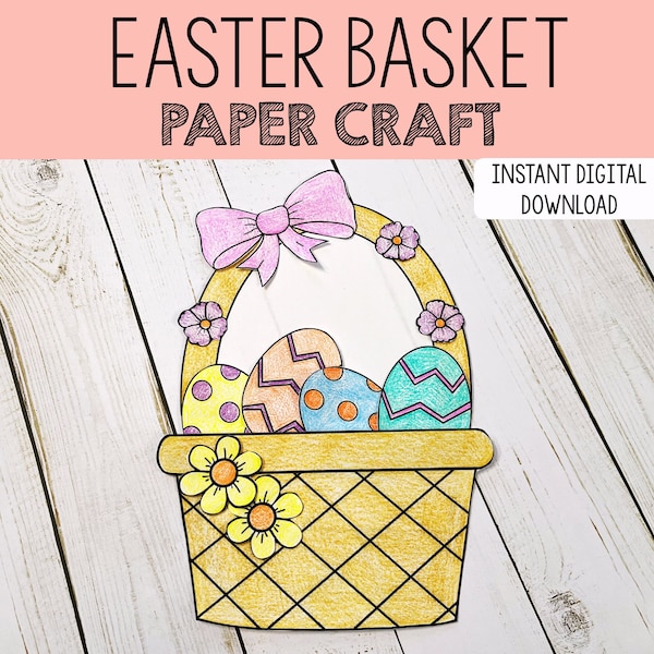 Easter Basket Paper Craft for kids (Printable Craft Template) / Easter cut & paste activity / digital download / Easter coloring for kids