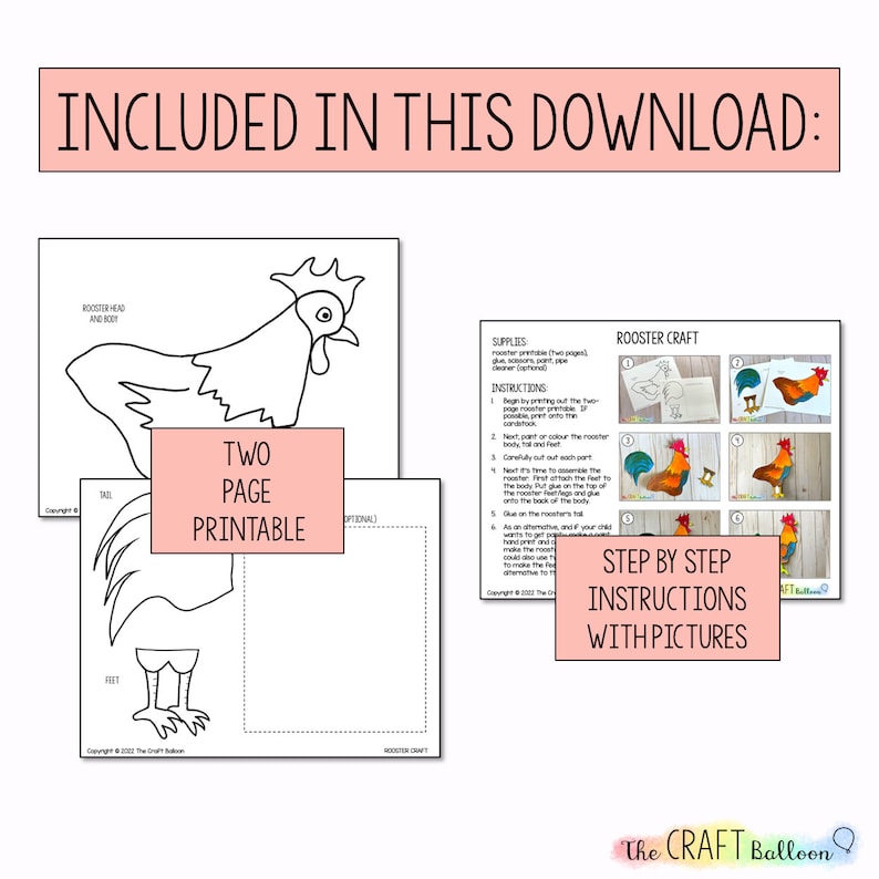 Rooster Craft (printable Craft Template) / Printable Kids Craft Digital ...
