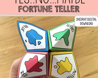 May include: A colorful paper fortune teller with the words "YES...NO...MAYBE FORTUNE TELLER" at the top. The fortune teller is open, displaying the colors blue, green, red, and yellow. The words "INSTANT DIGITAL DOWNLOAD" are also visible.