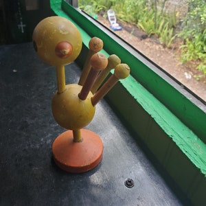 UNIQUE vintage pencil holder,handmade wood duck toy 80's signed dated lovely cute duckie