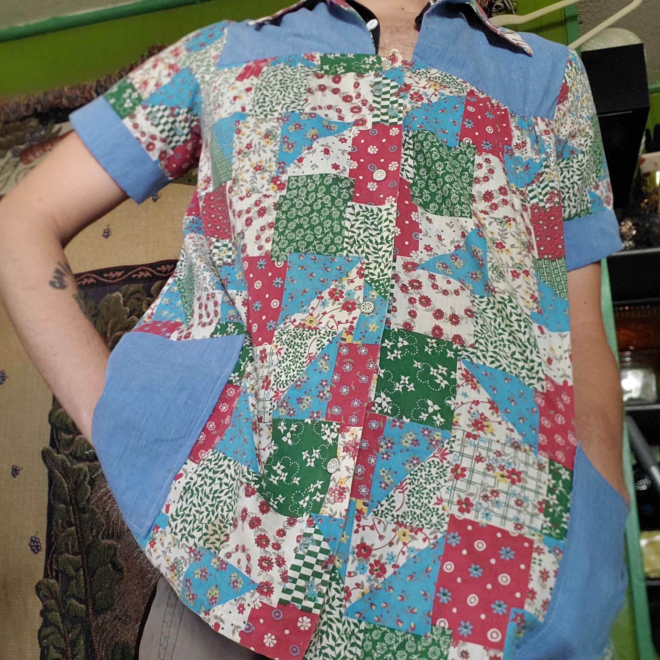 Vintage Patchwork Button up Shirt, Cut Tag Unknown Details Vintage Patchwork Button up Shirt, Cut Tag Unknown Details