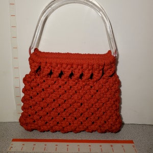 vintage 70s 80s handmade macrame purse, cherry red with plastic handle