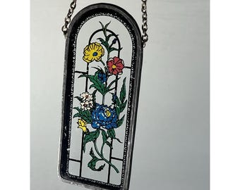 Vtg Mini Faux Stained Glass Panel 4" Floral Cottagecore Knick Knack 80s 70s