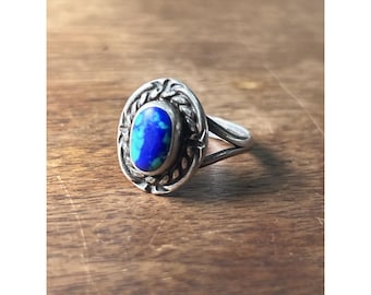 Vtg Azurite Malachite And Sterling Silver Ring Sz.4.5 Pinky Kids Jewelry Tested