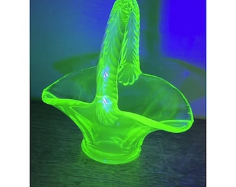 As Is-chip On Base-Vintage Tiffin Uranium Glass Small Mini Green Glow Mcm Deco