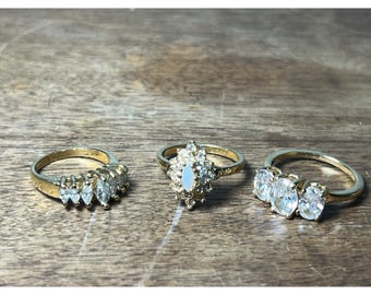 As Is- Very Little Wear-3 Pc. Vintage Gold Plate Rings Clear CZ Glass Diamonds