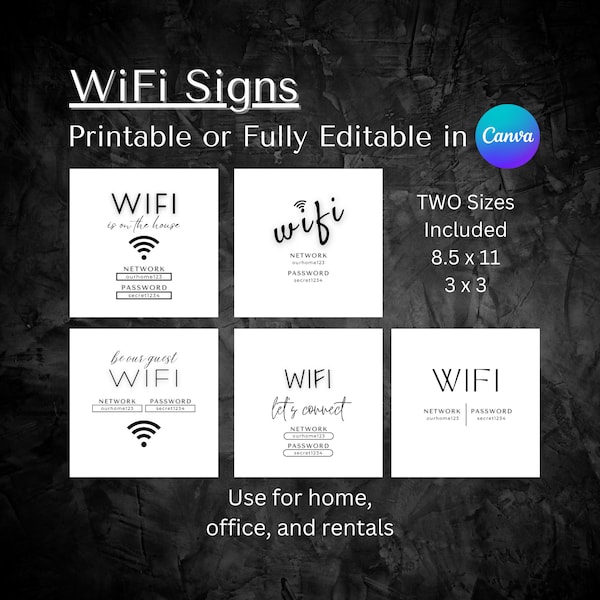 Editable Wifi Sign Template | Printable Wifi Sign | AirBnB Wifi Sign | Guest Wifi | Wifi Password | Office Wifi Network  | Customizable Wifi