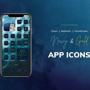 May include: A smartphone displays a custom home screen with navy blue and gold app icons. The screen features icons for various apps, including social media, utilities, and navigation. The text "Navy & Gold APP ICONS" is displayed on a dark blue background.